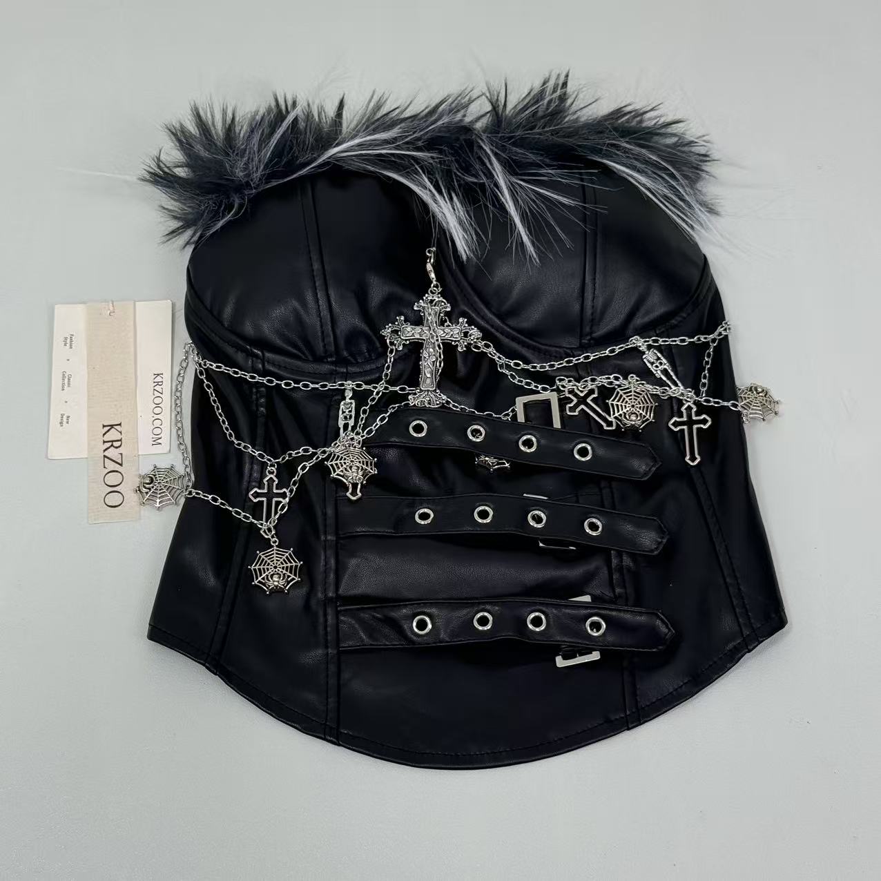Ruffled PU leather strapless top