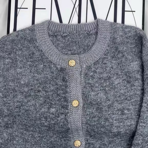 Grey Crew Neck Knit Cardigan
