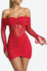 Off Shoulder Long Sleeve Lace Patchwork Ruched Fitted Mini Dresses-Red