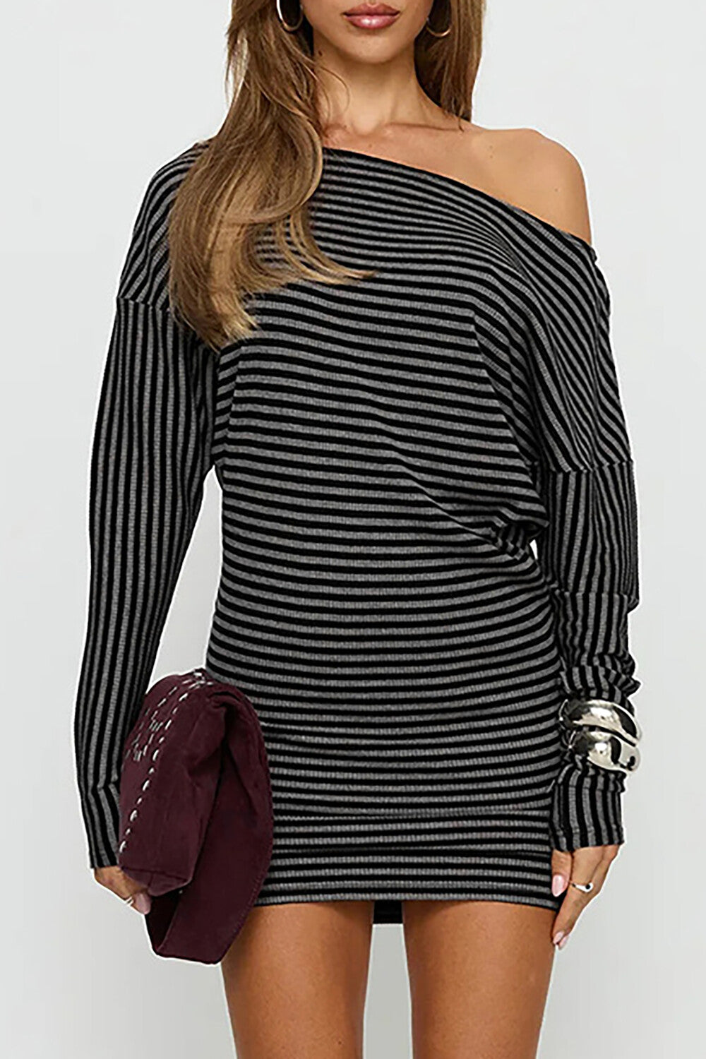 Striped Knit Off Shoulder Long Sleeve Slim Fit Casual Mini Dresses-Grey