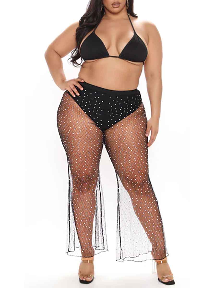 Rhinestone Mesh Cover Pants â€?Flare Crystal Pantsuit