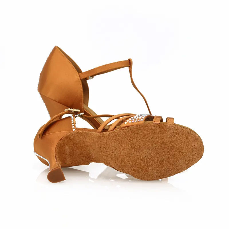 Women's Brown Semi-Crystal T Strap Dark Brown Satin Latin Dance Shoes Cotillion Shoes