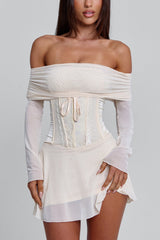 Off Shoulder Long Sleeve Cinch Waist Mesh Mini Dresses-White Pre Order
