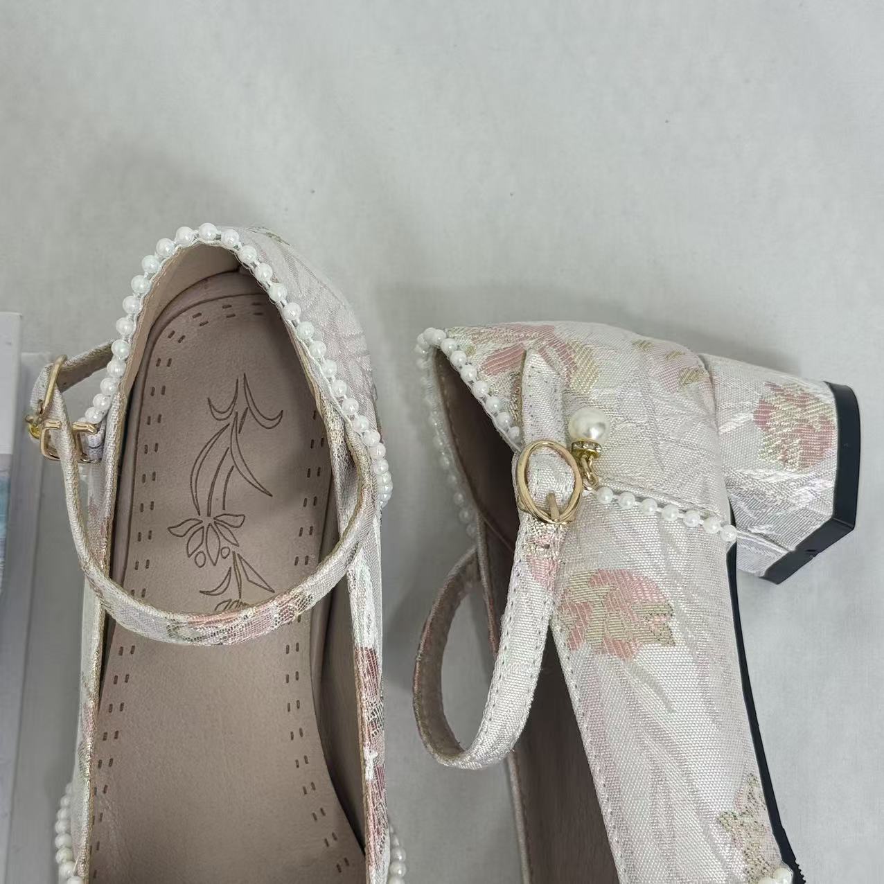 Block-Heel Shoes With Pearl-Embellished Straps
