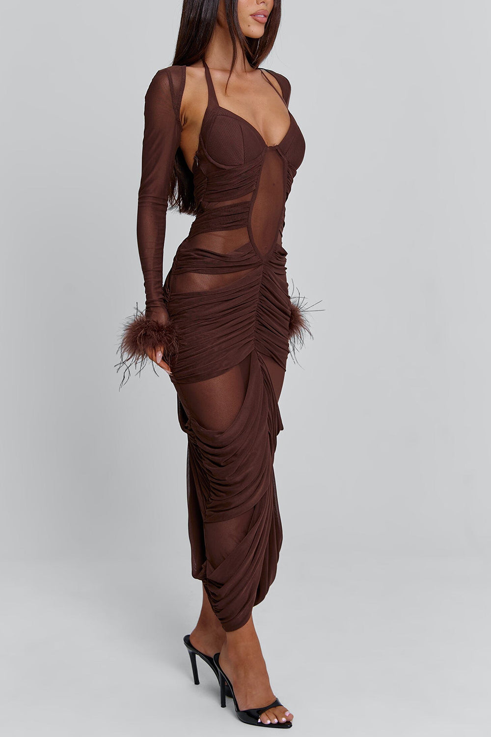 Feather Hem Bolero Halter Mesh Maxi Skirt Party 2pcs Set-Brown Pre Order