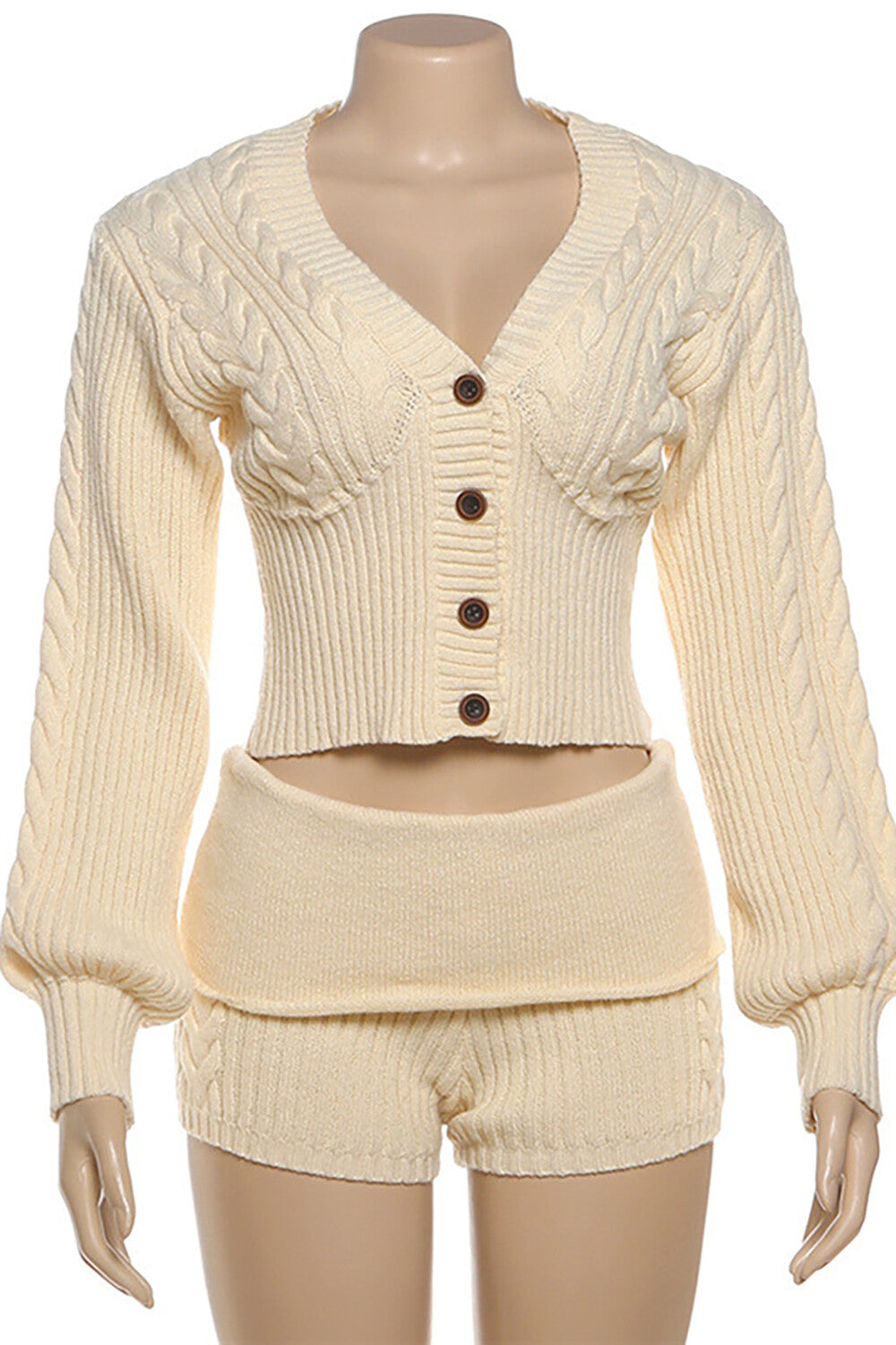 Pleated Knit V Neck Lantern Sleeve Crop Sweater Cardigan Shorts 2pcs Set-Beige