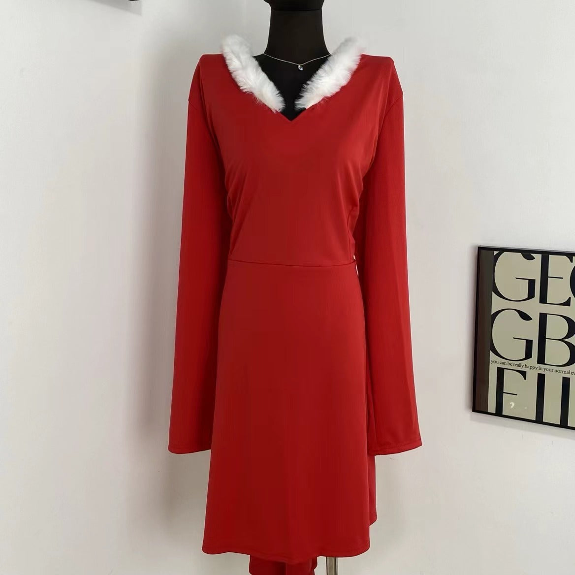 Fur-Trimmed V-Neck Dress