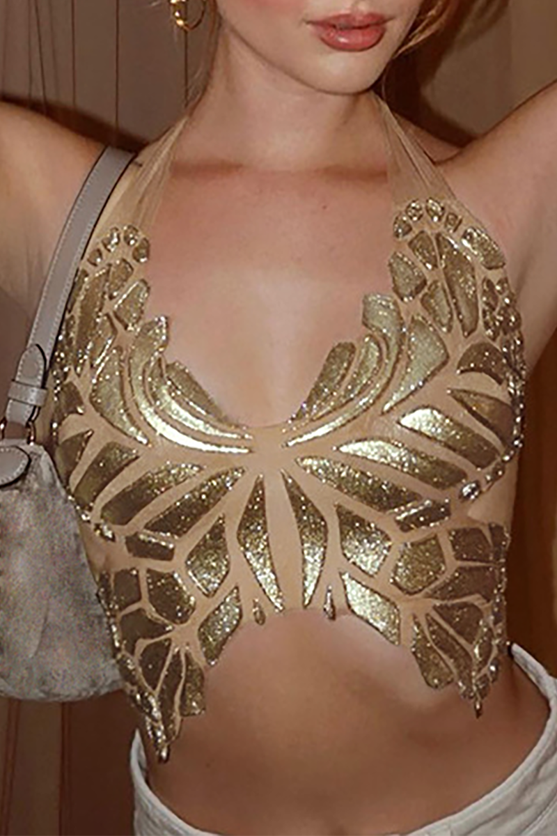 Butterfly Pattern Halter Neck Crop Top Gold