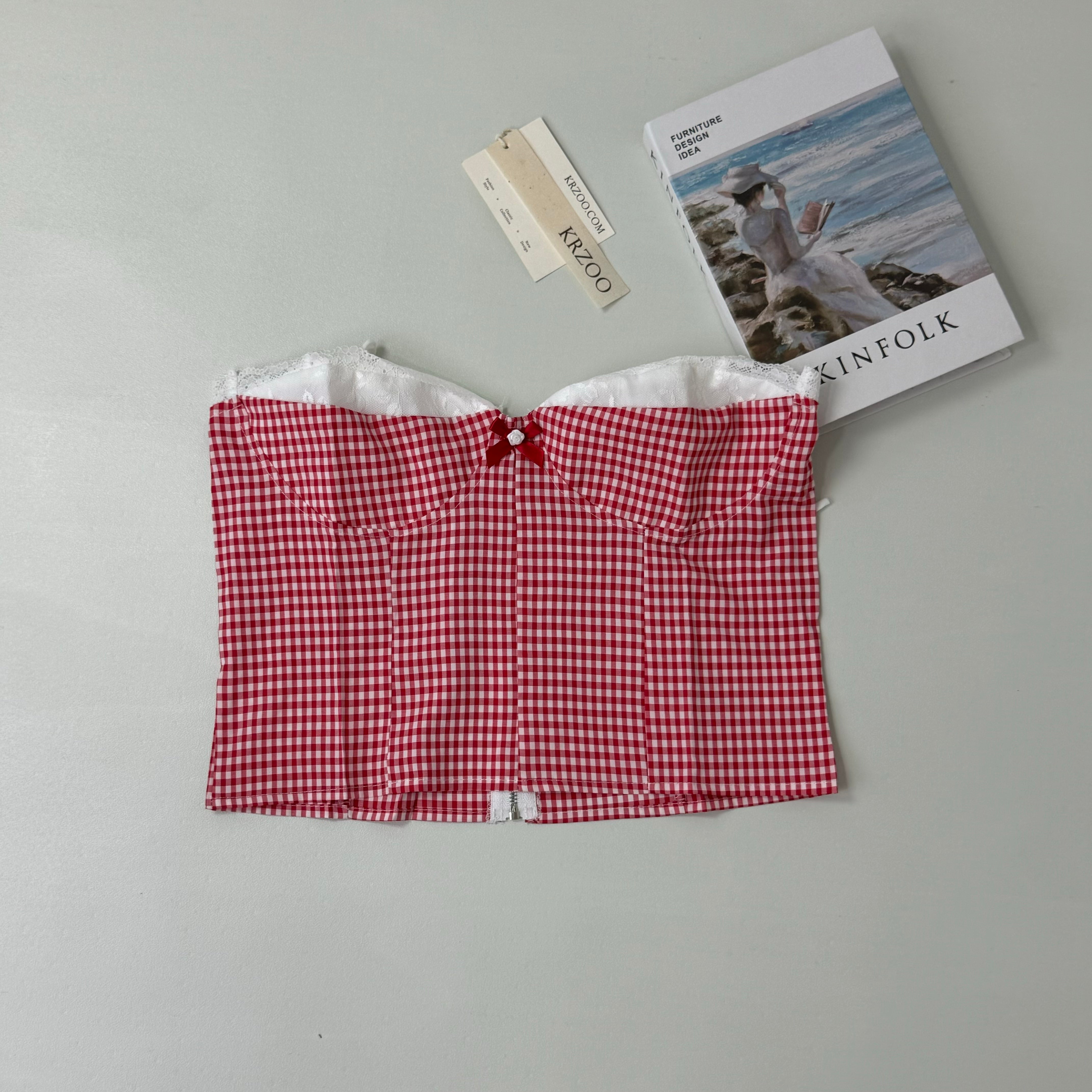 Plaid lace patchwork short bandeau top