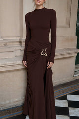 Metal Decor Ruched Slim Fit Solid Color Long Sleeve Maxi Dresses-Brown