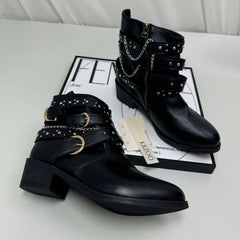 Punk-style rivet mid-calf boots