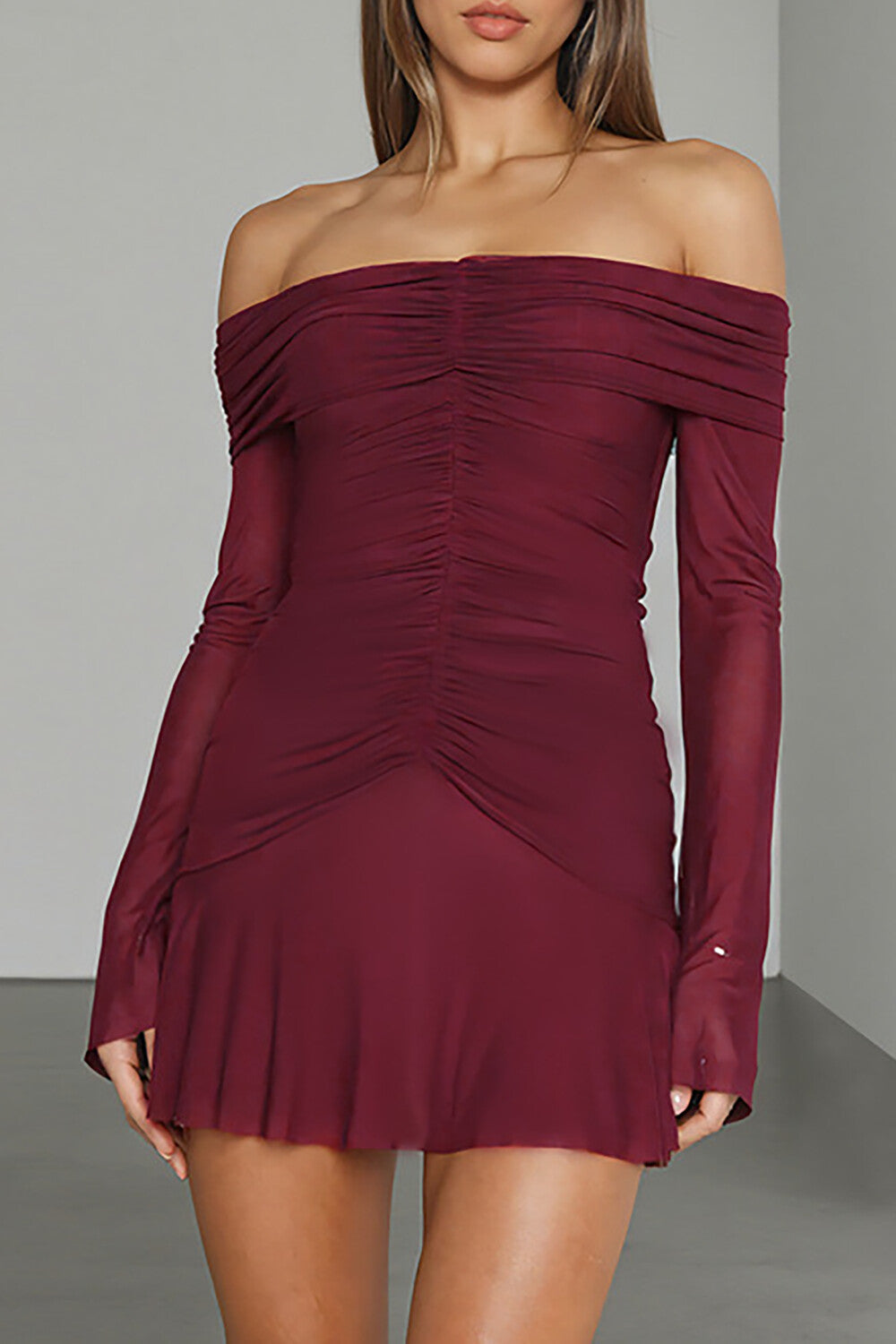 Off Shoulder Boat Neck Long Sleeve Ruched Mini Dresses-Burgundy