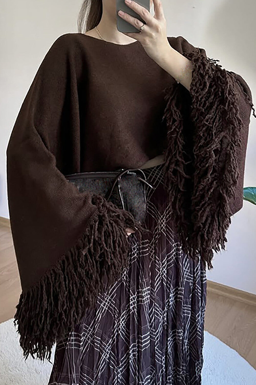 Knit Fringed Cuffs Flare Sleeve Loose Fit Sweater-Beige