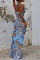 Pattern Print Cinch Waist Frilled Slit Halter Maxi Dresses Blue