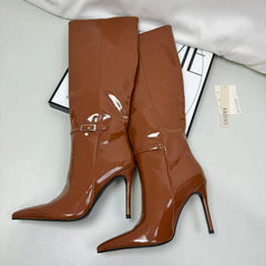 Pointed leather belt buckle straight boot