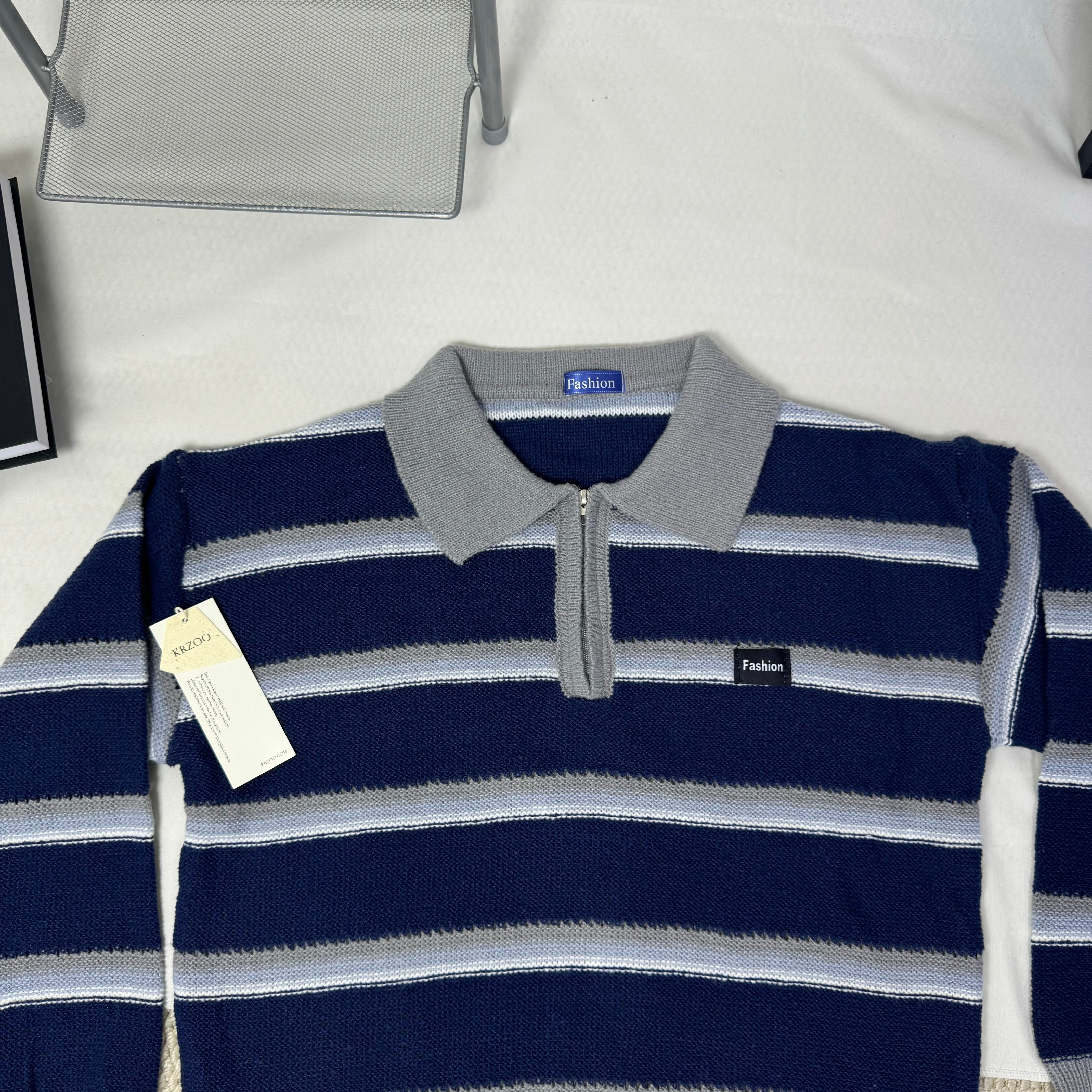 Striped polo-neck relaxed style knit top