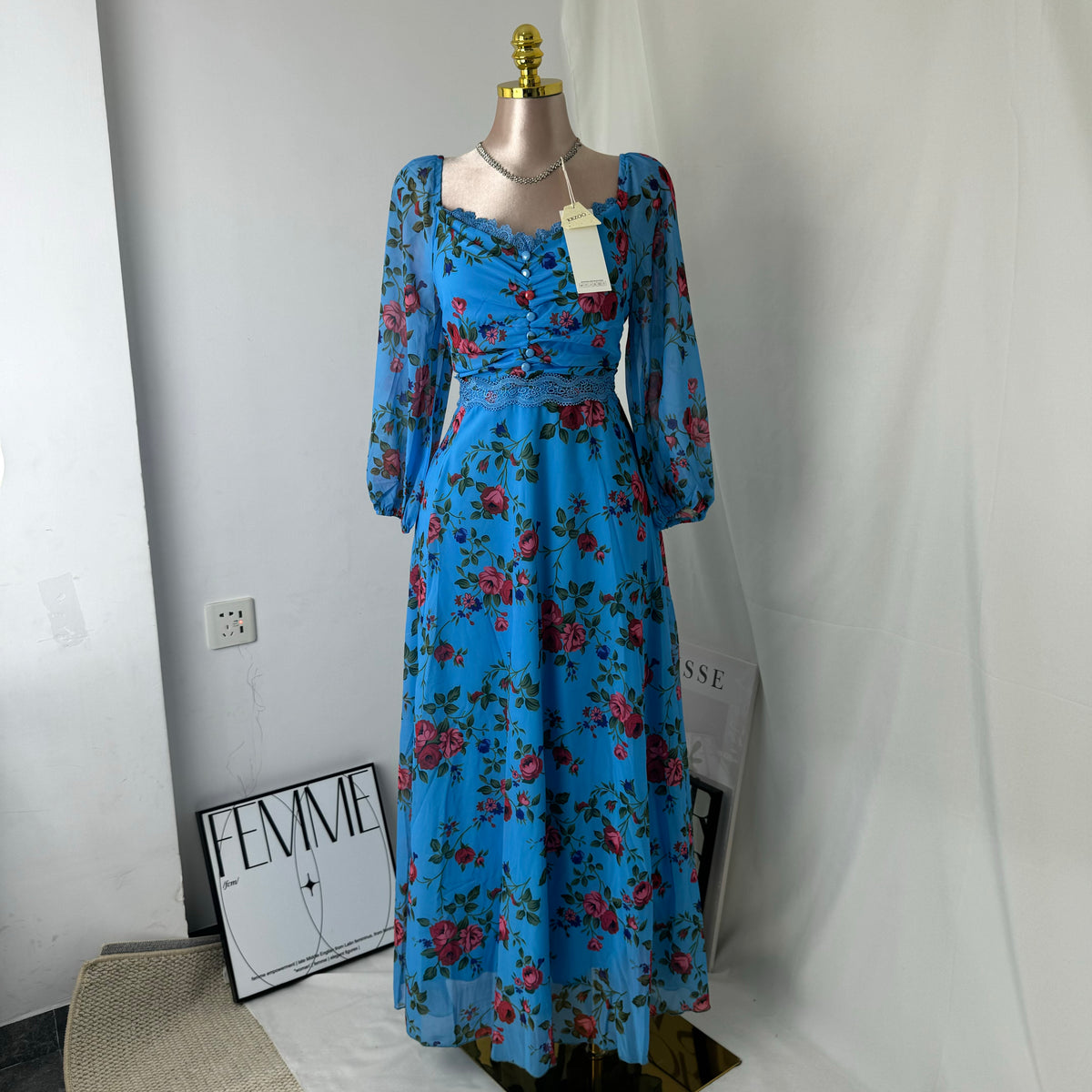 Silk chiffon printed lace trimmed dress
