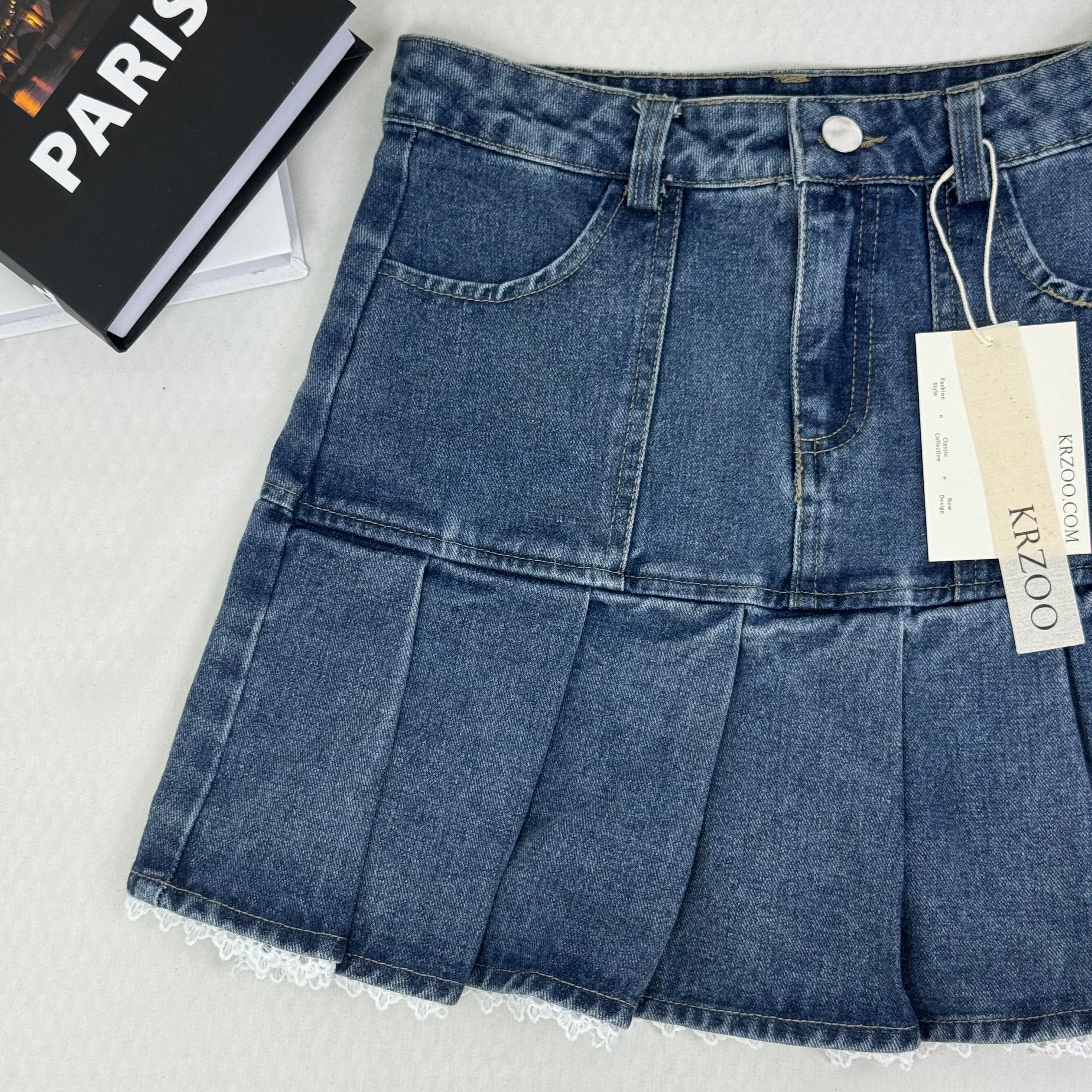 Lace trim pleated denim half-length skirt