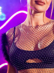 Black Short Furry Sleeveless Rhinestone Fishnet Shirt