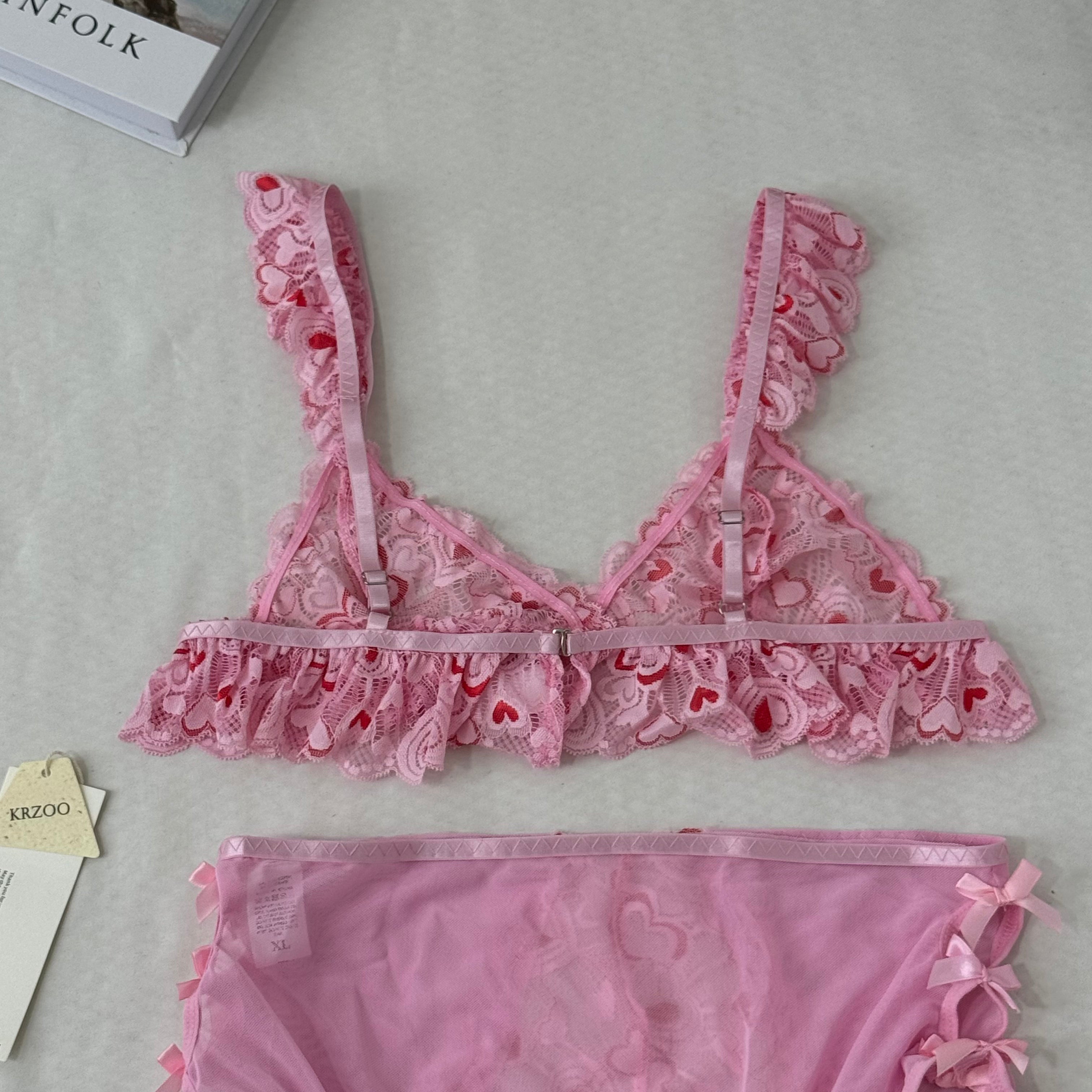 Mesh Heart Embroidery Hollow-Out Lingerie Set