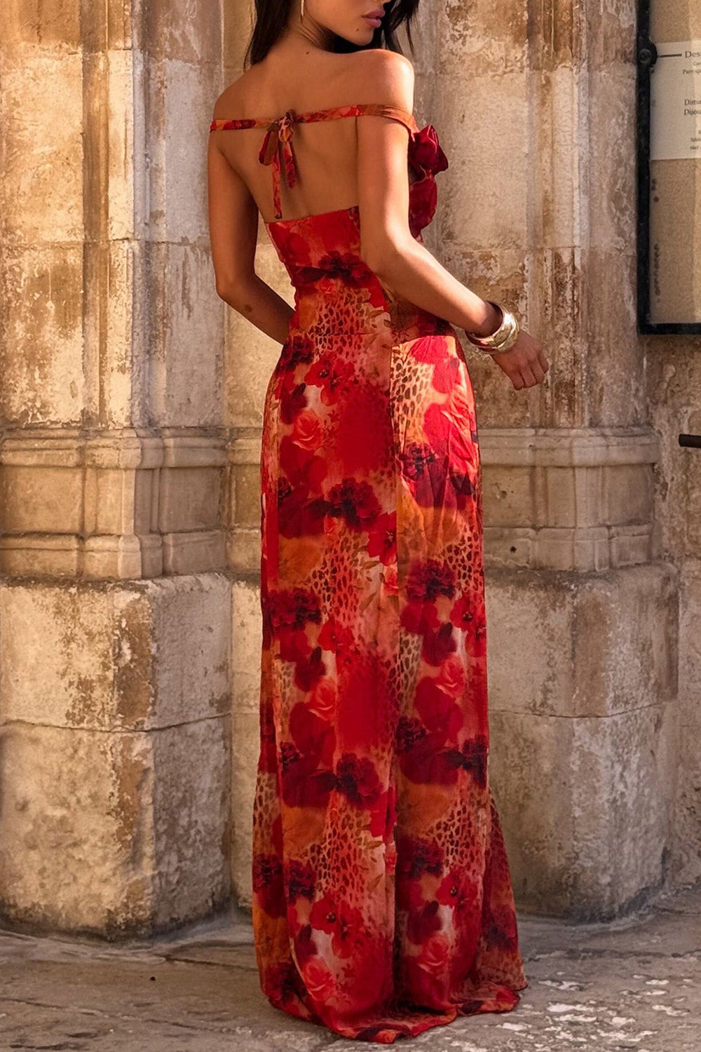 Off Shoulder Rosette Leopard Print Irregular Hem Maxi Dresses-Red Pre Order