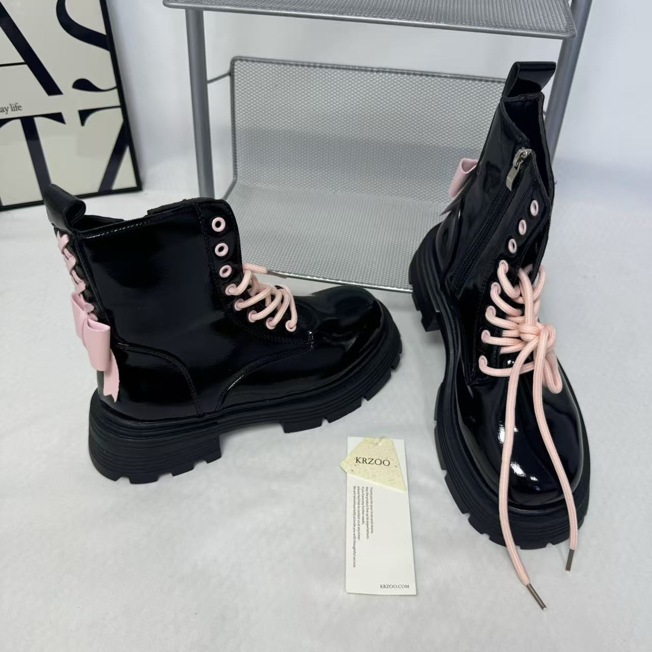 Pink bow leather boots