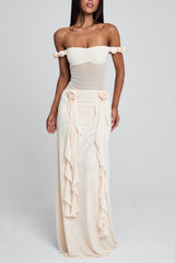 Off Shoulder Mesh Patchwork Rosette Ruffle Maxi Dresses-Beige Pre Order