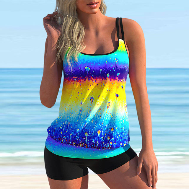 New Women Fashion Sexy Plus Size Two Piece Personality Print Camisole Swimsuit with Skirt Lady Swimming Suit Swimwear Bachwear