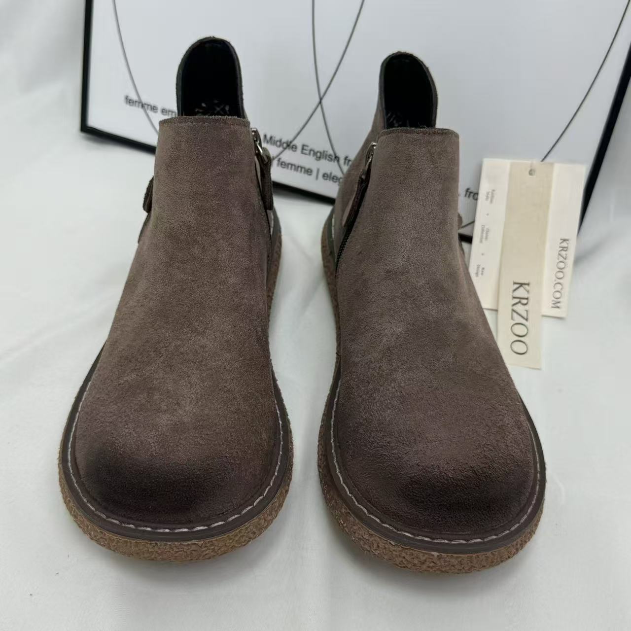 Velvet-textured distressed thick-soled short boots