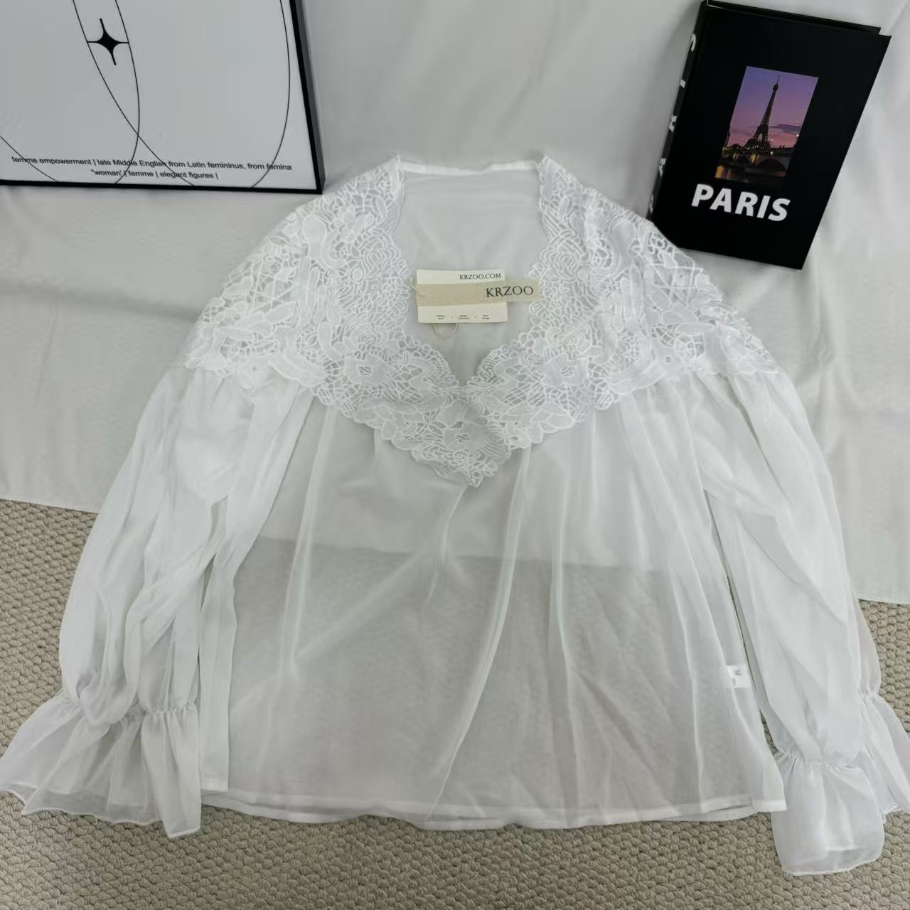 Lace-Paneled Puff-Sleeve Shirt