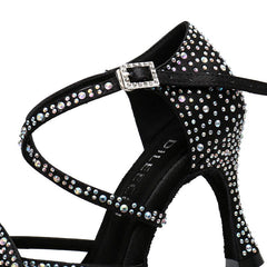 Women's Black Satin Rhinestone Customized Heels Ballroom Latin Dance Shoes