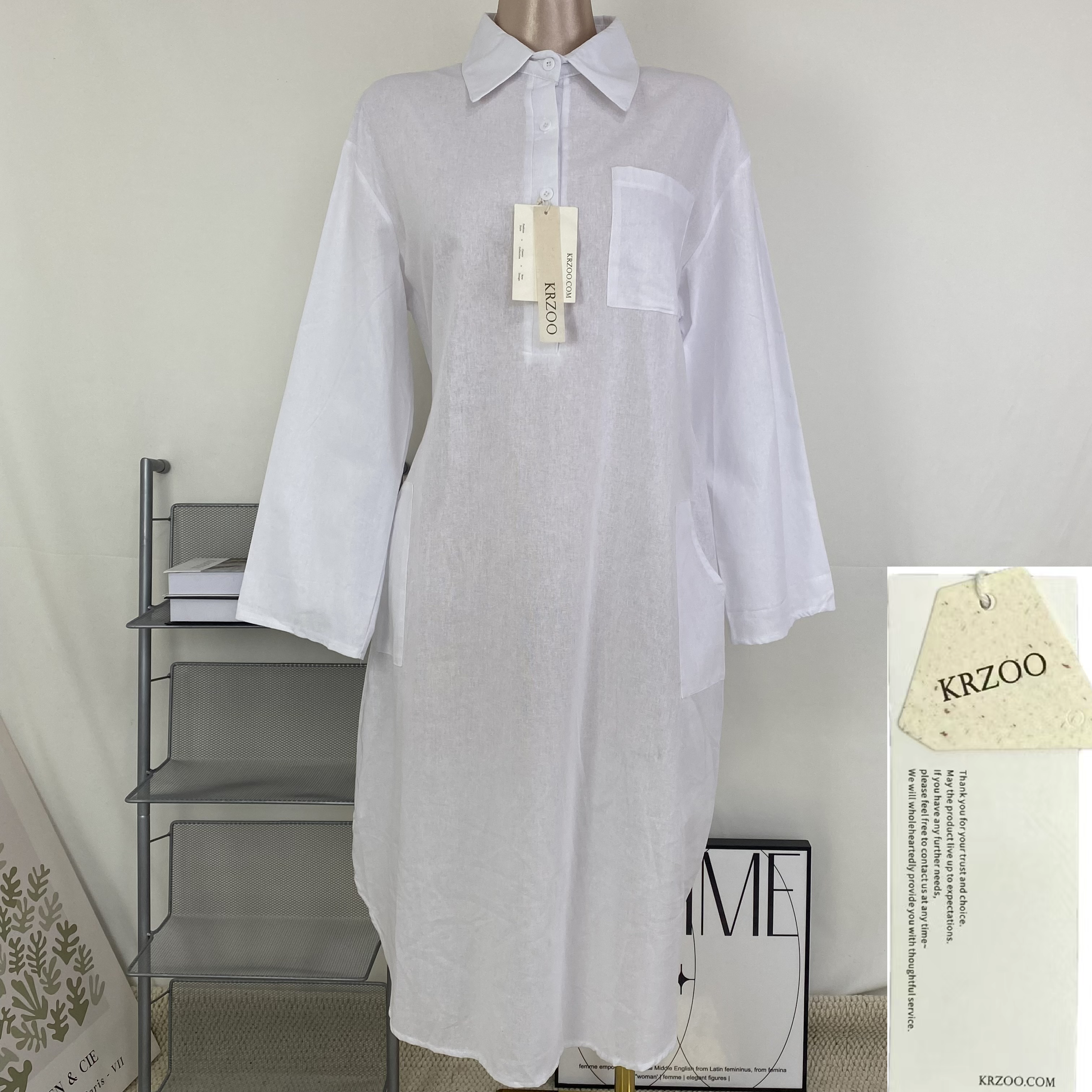Linen stand-collar loose long blouse dress