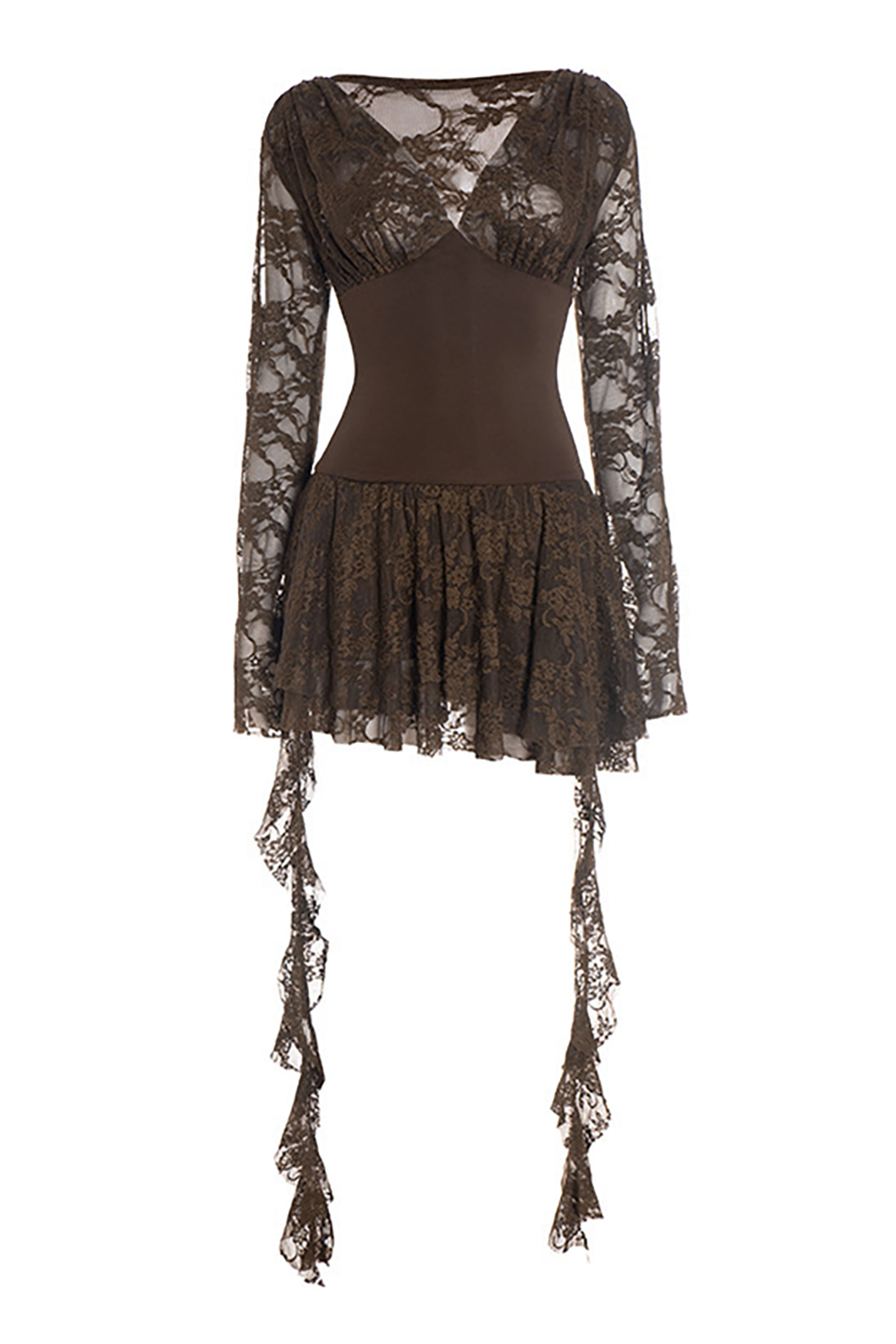 V Neck Cutout Long Sleeve Ruffled Sash Lace Patchwork Mini Dresses-Brown