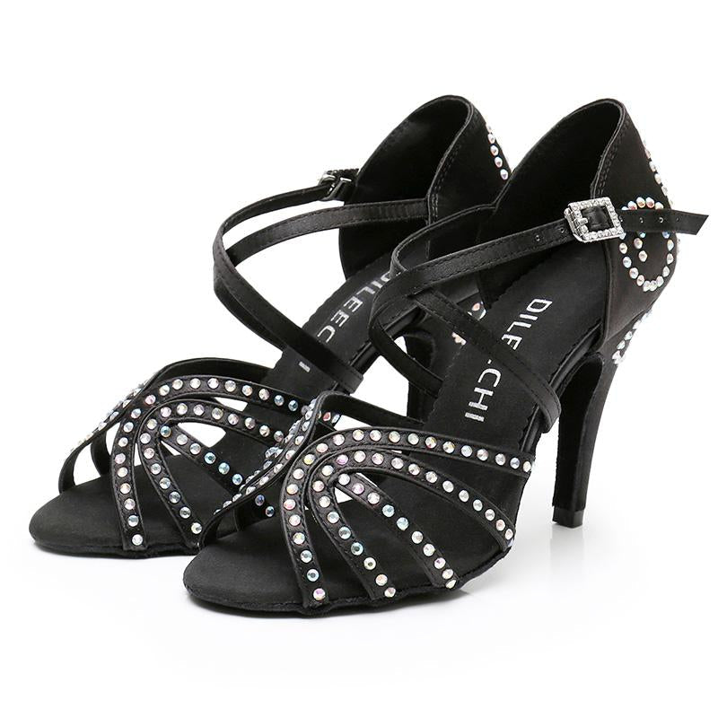Women's Black Customized Heel Satin Rhinestones Strappy Ballroom Latin Dance Shoes