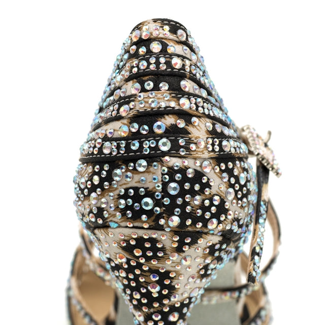 Women's Leopard 9cm Heel Strappy Satin Rhinestones Sandal Latin Dance Shoes