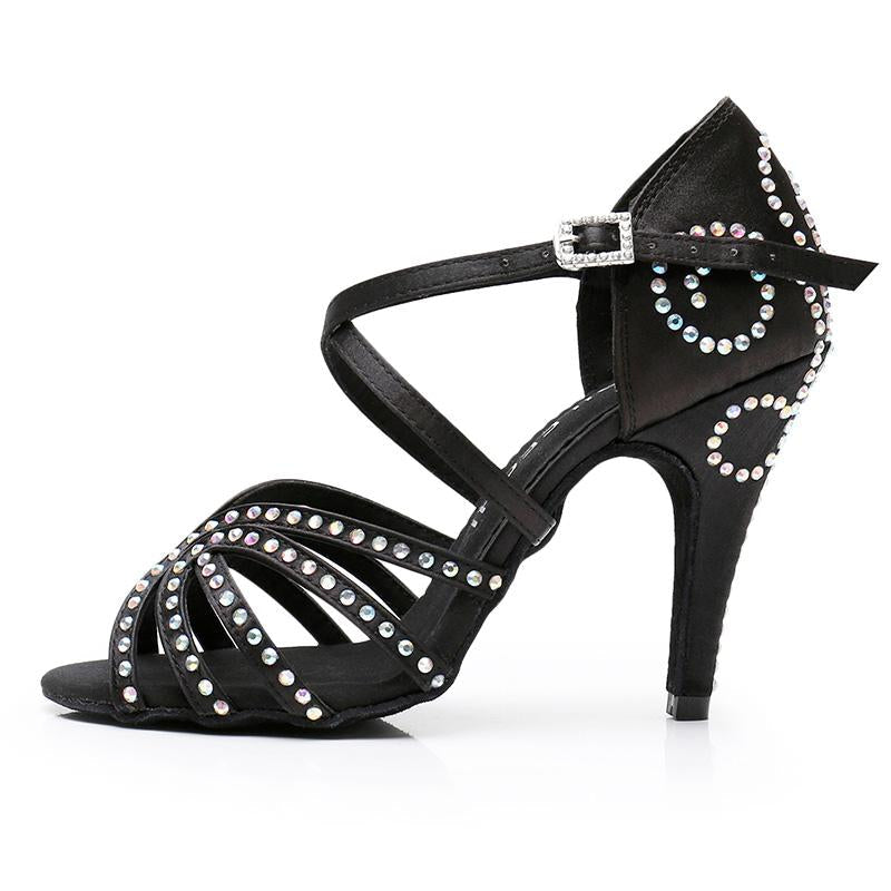 Women's Black Customized Heel Satin Rhinestones Strappy Ballroom Latin Dance Shoes
