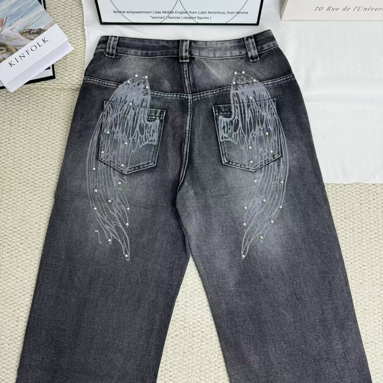 Distressed Gradient Wing Print Wide-Leg Pants