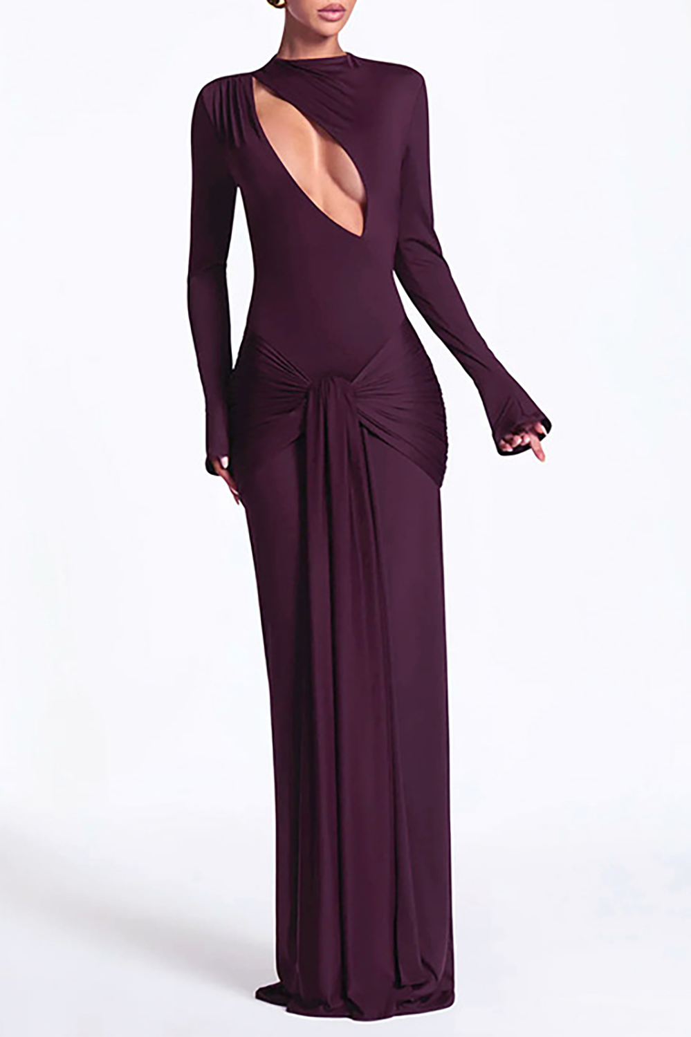 Cutout Round Neck Long Sleeve Ruched Long Streamer Slim Fit Maxi Dresses-Purple