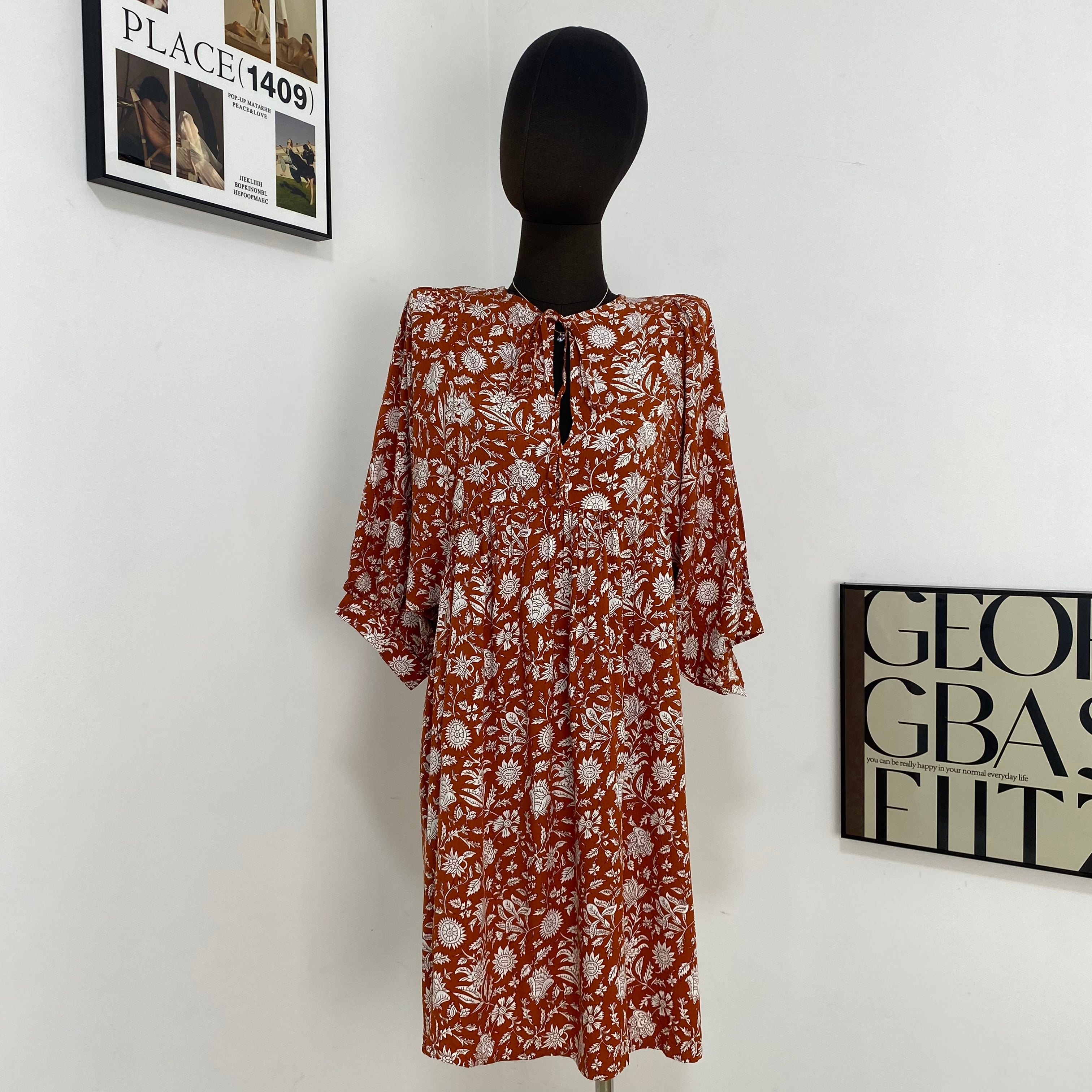 V-Neck Printed Lantern Sleeve Dress