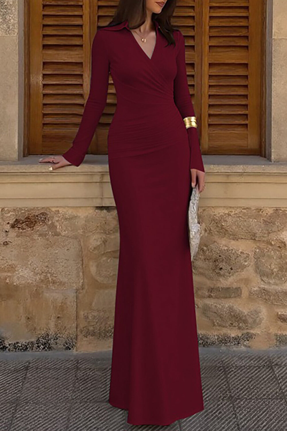 V Neck Long Sleeve Ruched Solid Color Slim Fit Maxi Dresses-White