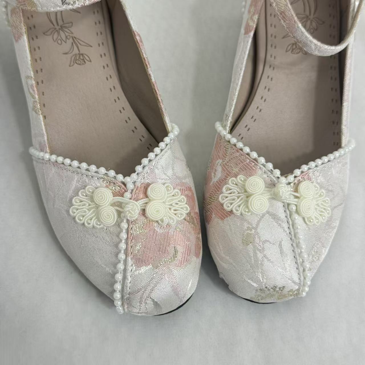 Block-Heel Shoes With Pearl-Embellished Straps