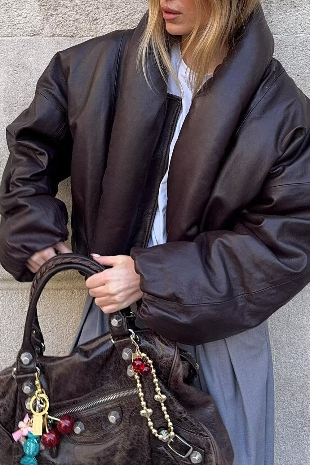 Turndown Collar Long Sleeve Solid Color Faux Leather Crop Padded Coat-Brown