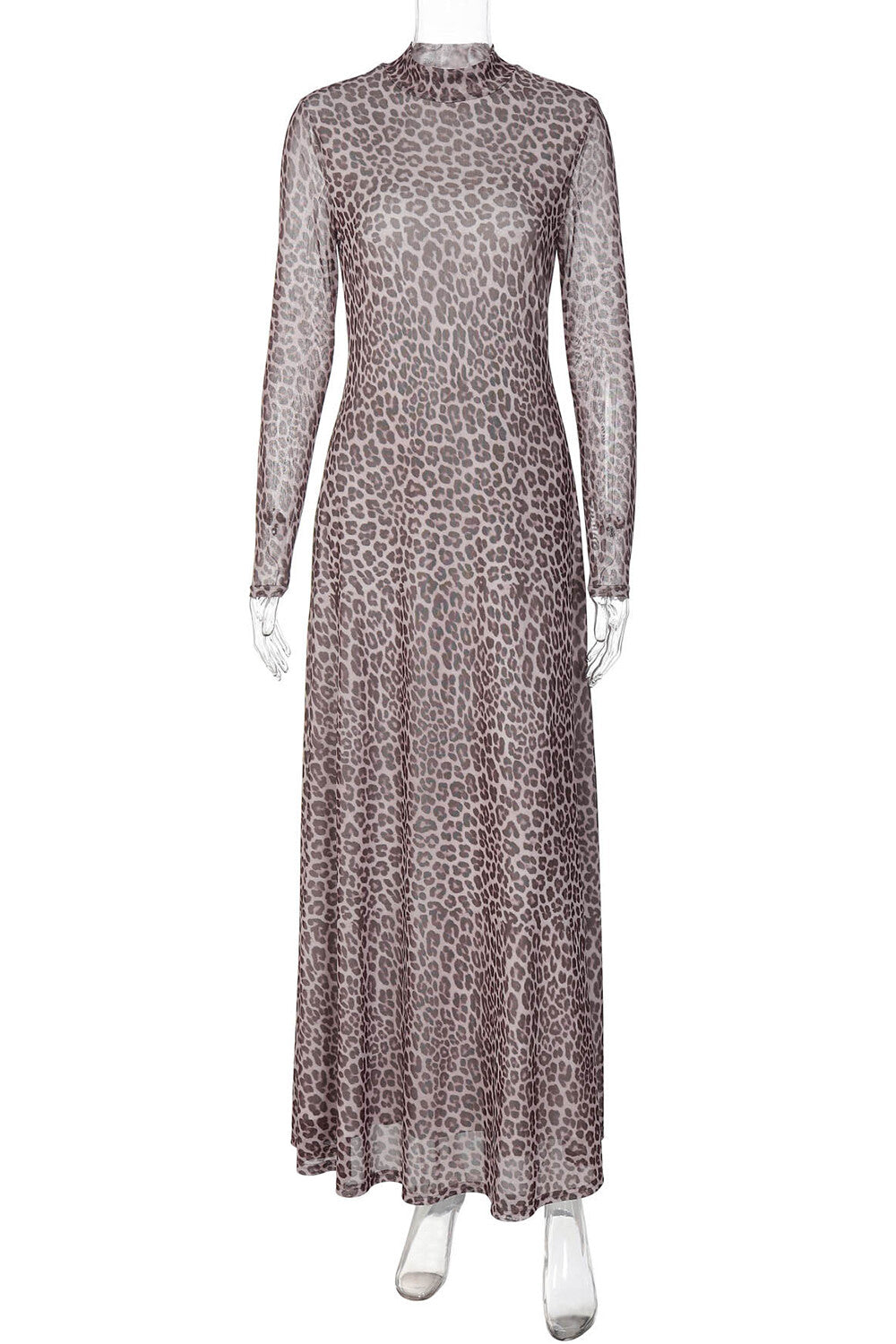 Leopard Print Long Sleeve Mock Neck Slim Fit Maxi Dresses-Brown