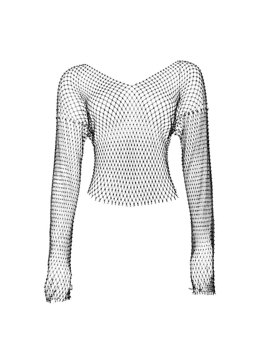 V-Neck Long Sleeve Sheer Short Rhinestone Mesh Shirt