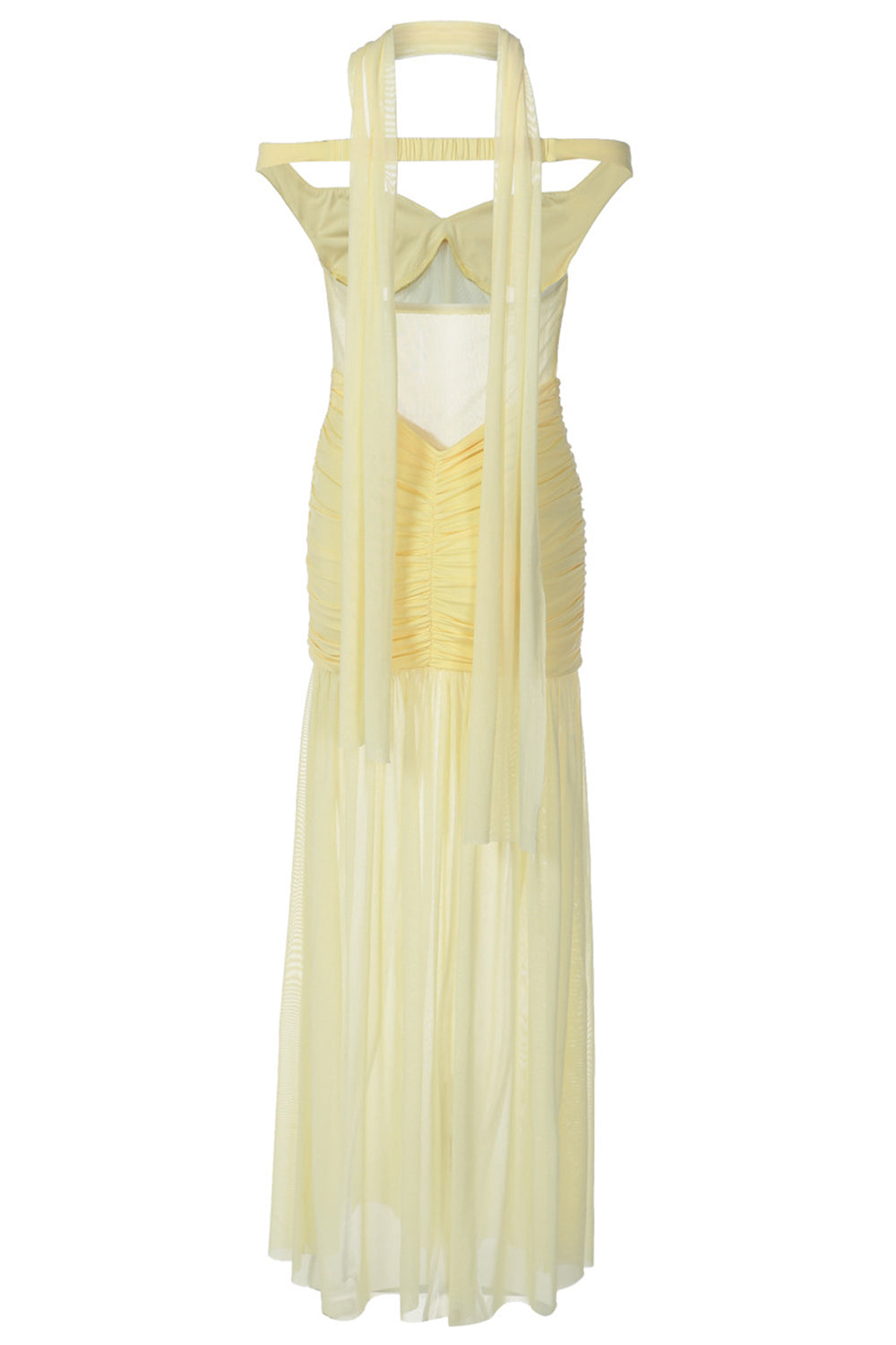 Off Shoulder See-Through Mesh Ruched Split Maxi Dresses-Black