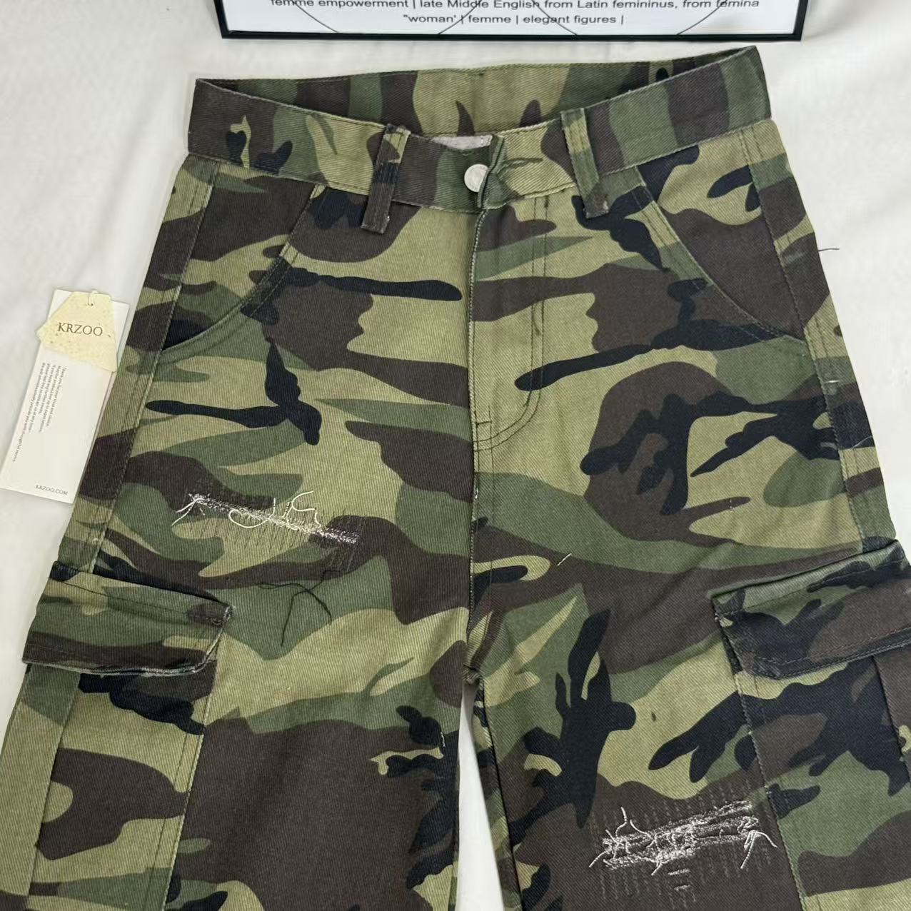 Washed Distressed Camouflage Shorts