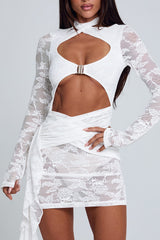 Lace Patchwork Long Sleeve Cross Strap Cutout Mini Dresses-White Pre Order