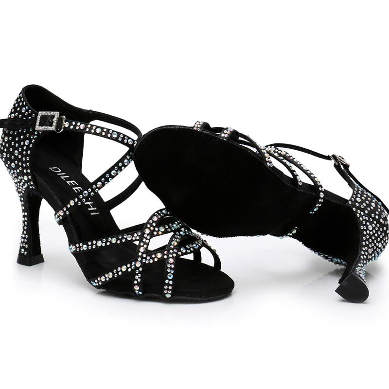 Women's Black Satin Rhinestone Customized Heels Ballroom Latin Dance Shoes