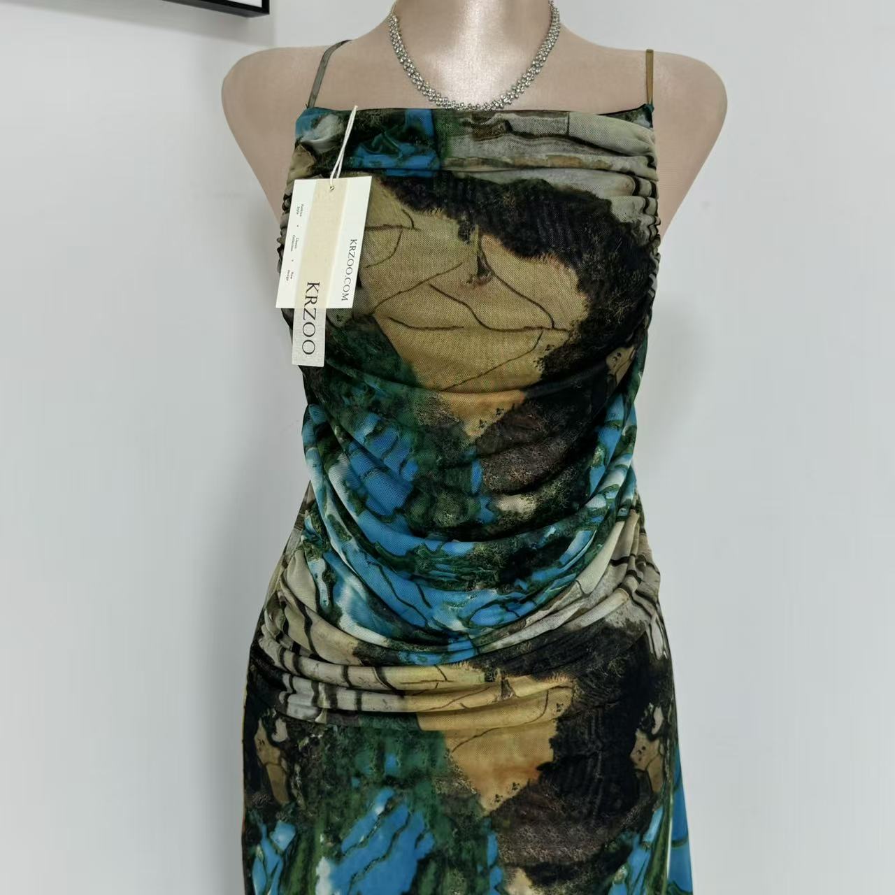 Printed silk net halter top dress