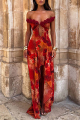 Off Shoulder Rosette Leopard Print Irregular Hem Maxi Dresses-Red Pre Order